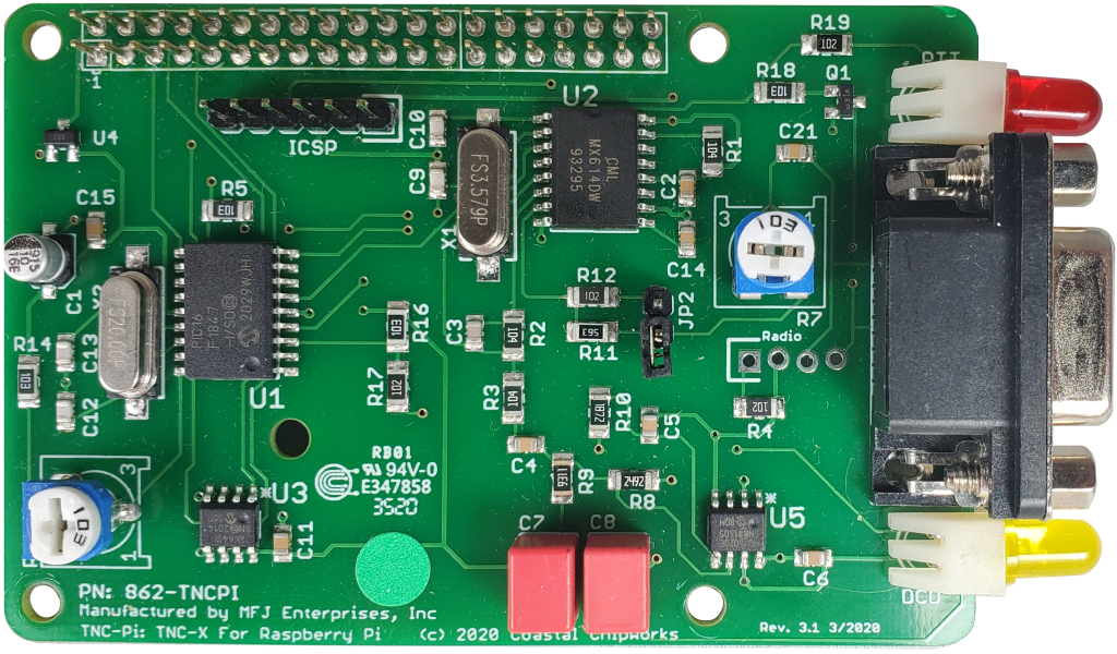 MFJ-1270PI TNC circuit board showing pins and semiconductors